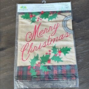 Evergreen Decorative garden flag, Merry Christmas, Holly Berries, burlap fabric